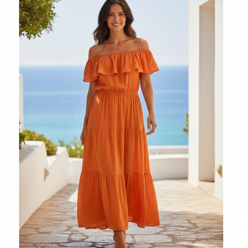 Michael Michael Kors Orange Off-Shoulder Tiered Dress Small Metallic Shimmer